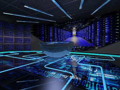 High Tech Data Center Interior With Server Racks Blue Lighting And Network Cables 3d model