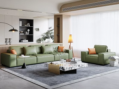Modern Green Sofa And Marble Coffee Table Set With Orange Pillows Rug And Floor Lamp 3d model