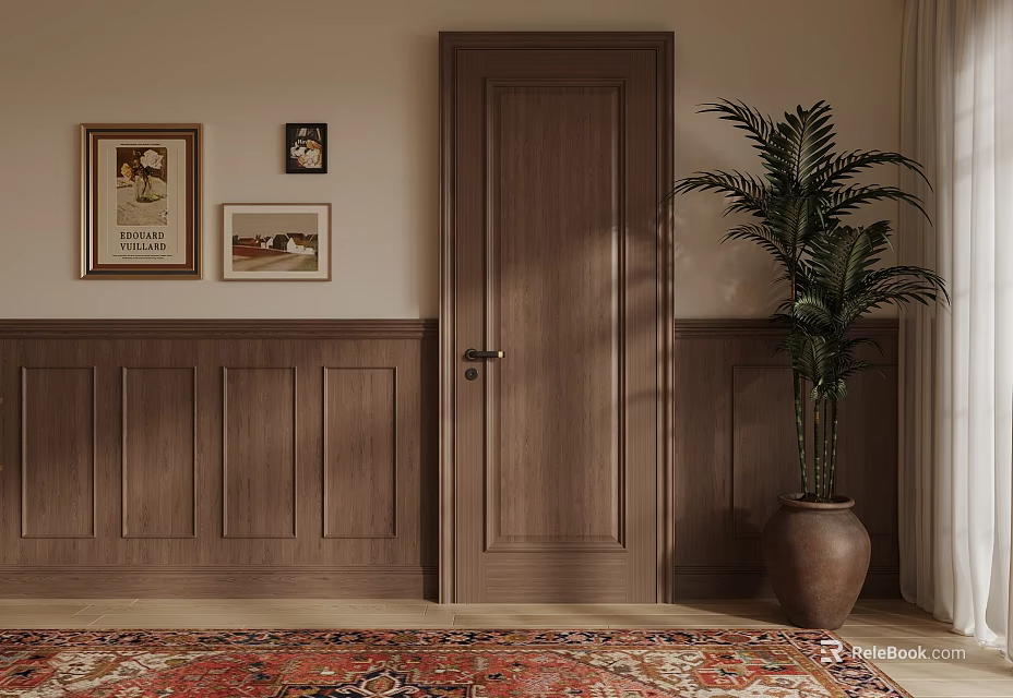 Cozy Interior With Wooden Hinged Door Framed Art Palm Plant And Patterned Rug 3d model 