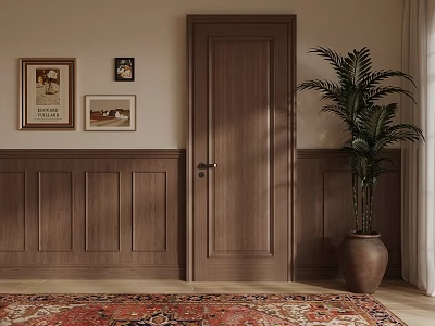 Cozy Interior With Wooden Hinged Door Framed Art Palm Plant And Patterned Rug 3d model
