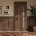 Cozy Interior With Wooden Hinged Door Framed Art Palm Plant And Patterned Rug
