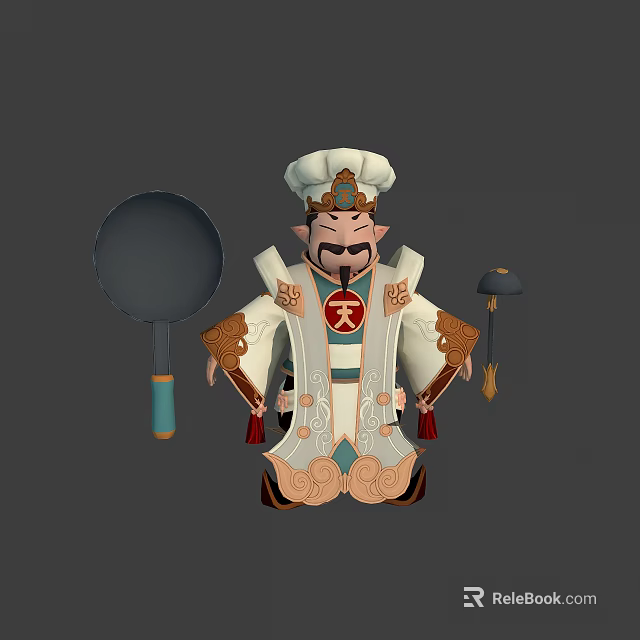 Chinese Chef Character in Traditional Costume with Heaven Robe Large Wok and Decorative Tassel Item 3d model 