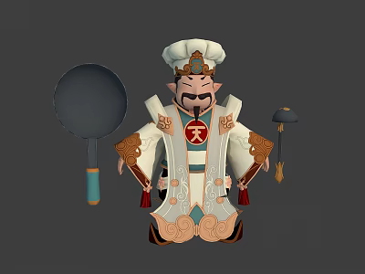 Chinese Chef Character in Traditional Costume with Heaven Robe Large Wok and Decorative Tassel Item 3d model