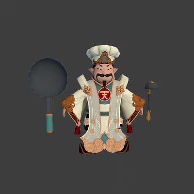 Chinese Chef Character in Traditional Costume with Heaven Robe Large Wok and Decorative Tassel Item 3d model