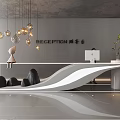 Elegant Modern Office Reception With Curved Front Desk Vertical Striped Wall And Pendant Lights