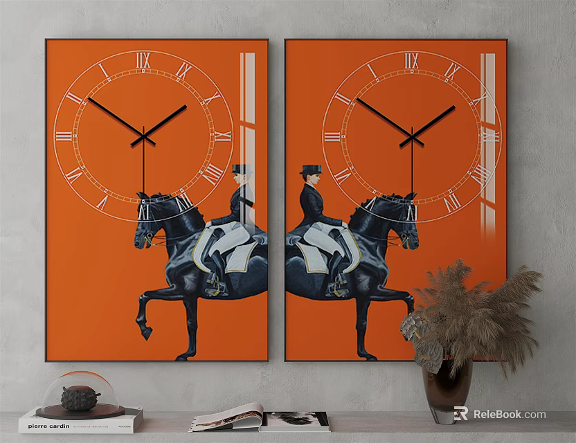 Two Wall Art Pieces With Equestrian Figures Orange Background Clock Roman Numerals Modern Interior Decor 3d model 