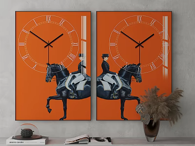 Two Wall Art Pieces With Equestrian Figures Orange Background Clock Roman Numerals Modern Interior Decor 3d model