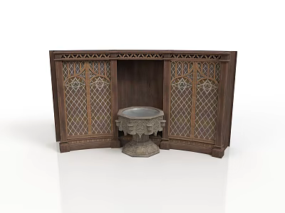 Traditional Architectural Wooden Structure With Detailed Carvings And Stone Fountain Basin 3d model