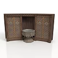 Traditional Architectural Wooden Structure With Detailed Carvings And Stone Fountain Basin