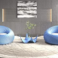 Blue Spiral Casual Sofa Set With Glass Coffee Table Green Plant And Dark Wooden Wall