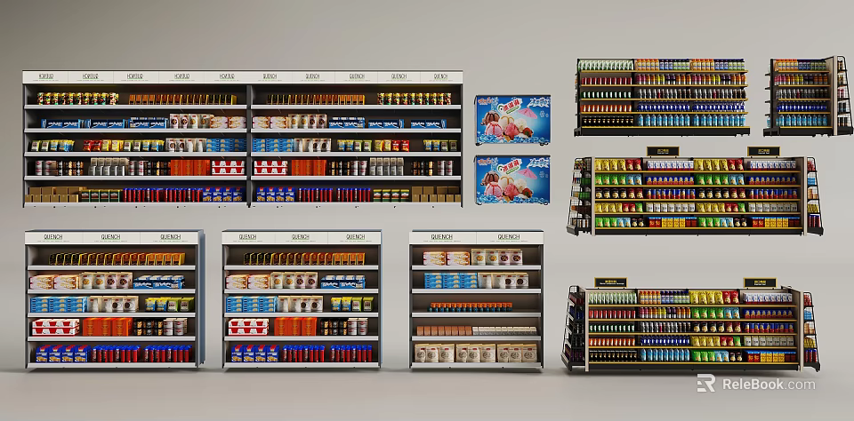 Retail Display Shelves For Supermarket With Snacks Beverages Canned Goods And Products 3d model 