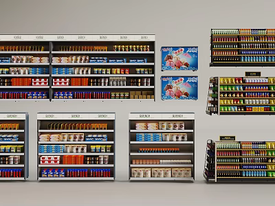 Retail Display Shelves For Supermarket With Snacks Beverages Canned Goods And Products 3d model