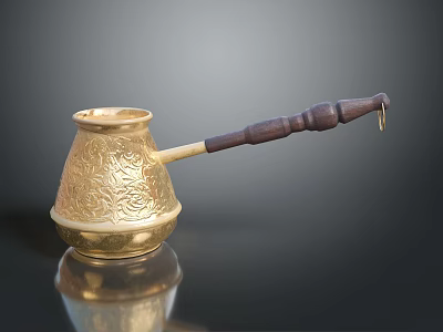 Golden Engraved Copper Coffee Pot With Wooden Handle And Classic Design 3d model