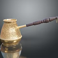 Golden Engraved Copper Coffee Pot With Wooden Handle And Classic Design