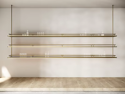 Sleek Modern Wall Mounted Wine Rack With Metal Shelves And Glassware 3d model