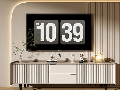 Modern TV Stand With TV Decorative Items Plant And Table Lamp In Living Room 3d model