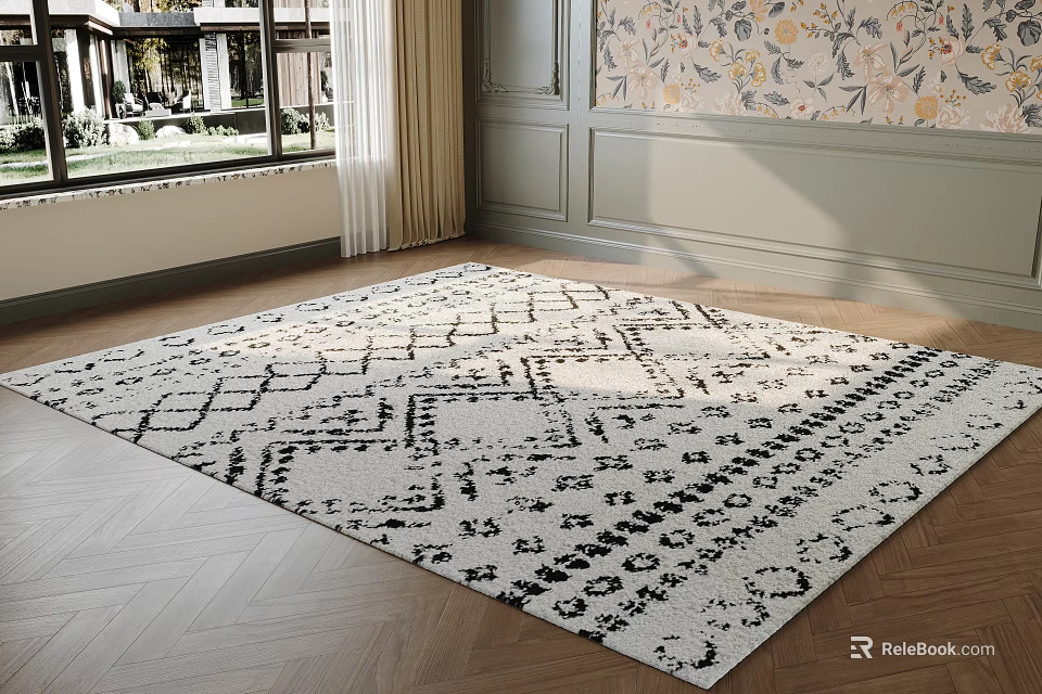 Square Area Rug With Black White Geometric Pattern 3d model 