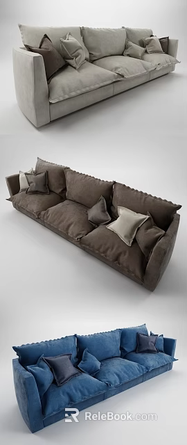 Modern Three Seater Sofa in Gray Brown Blue with Decorative Pillows 3d model