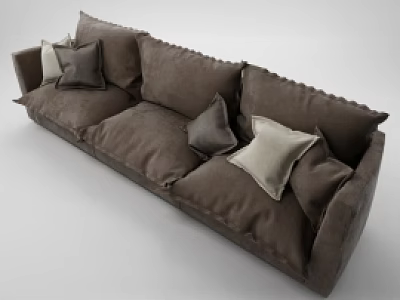 Modern Three Seater Sofa in Gray Brown Blue with Decorative Pillows 3d model