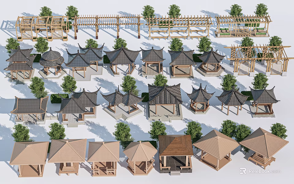 Traditional Chinese Architecture Models With Wooden Pavilions Trees And Roof Structures 3d model 