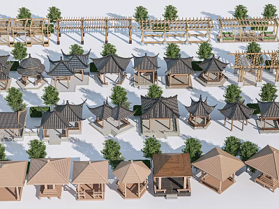 Traditional Chinese Architecture Models With Wooden Pavilions Trees And Roof Structures 3d model