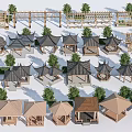 Traditional Chinese Architecture Models With Wooden Pavilions Trees And Roof Structures