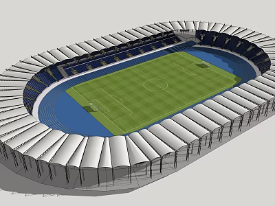 Modern Football Stadium With Green Turf White Roofed Terraces And Blue Running Track 3d model