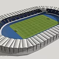 Modern Football Stadium With Green Turf White Roofed Terraces And Blue Running Track