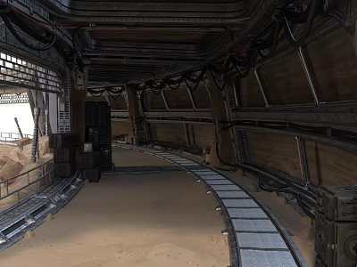 Industrial Sci Fi Interior With Curved Metal Tracks And Metal Frames 3d model