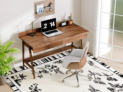Wooden Desk With Laptop Desk Lamp Clock Ergonomic Chair Floral Rug Potted Plant Natural Light 3d model