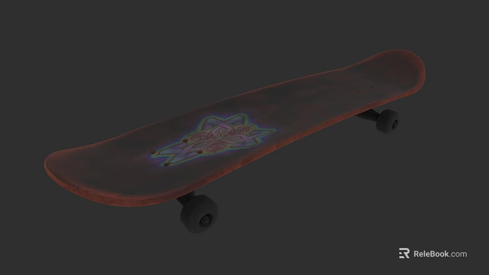 Brown Wooden Skateboard With Colorful Graphic Design And Black Wheels 3d model 