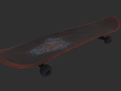Brown Wooden Skateboard With Colorful Graphic Design And Black Wheels 3d model