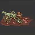 Vintage Military Cannon Display With Wooden Barrel Cannonballs And Crate On Red Planks