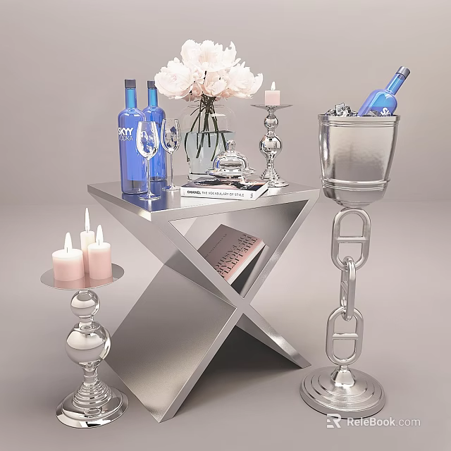 Modern Tableware Set with Blue Bottles Wine Glasses White Flowers Ice Bucket on Metallic Table 3d model 