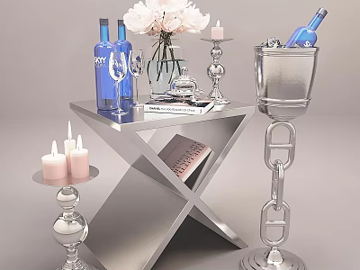 Modern Tableware Set with Blue Bottles Wine Glasses White Flowers Ice Bucket on Metallic Table 3d model