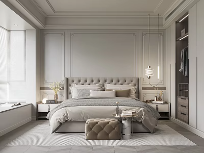 Modern Bedroom Interior Design With Upholstered Headboard Nightstand And Area Rug 3d model