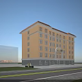 Yellow Exterior Multi Story Office Building With Orange Roof And Arched Porch