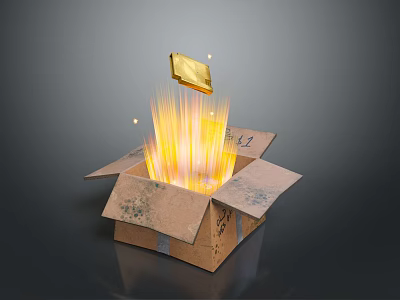Open Cardboard Box With Flying Golden Object And Bright Light Effects 3d model