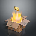 Open Cardboard Box With Flying Golden Object And Bright Light Effects