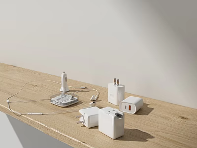 White Mobile Digital Chargers Power Adapters And Charging Cables On Wooden Table 3d model
