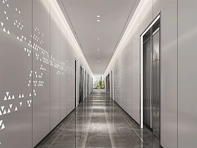 Modern Office Hallway Design With Smooth Marble Floor Recessed Lighting And Paneled Walls 3d model