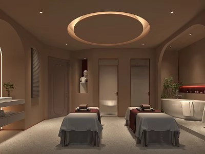 Luxury Beauty Salon Interior With Arched Circular Ceiling Light Massage Beds Green Plants Marble Decor 3d model