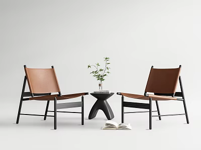 Brown Leather Leisure Chairs With Black Frame And Small Table With Plant And Books 3d model