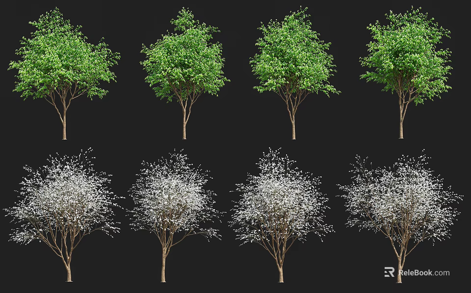 Green Leaf And White Flower Trees With Brown Trunks Arranged In Two Rows 3d model