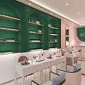 Modern Beauty Hair Salon Storefront With Green Wall Pink Accents And Interior Mirrors Tables Chairs