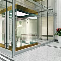 Reception Desk in Modern Lobby with Glass Elevator Escalator Green Plants and Marble Floor