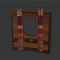 Traditional Chinese Wooden Screen With Circular Mirror And Red Purple Curtains