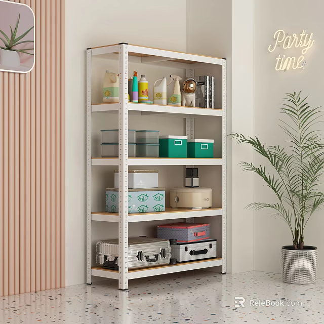 White Metal Multi Layer Storage Shelf With Storage Boxes Jars Luggage And Potted Plant 3d model 