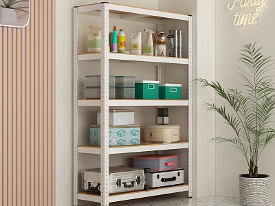 White Metal Multi Layer Storage Shelf With Storage Boxes Jars Luggage And Potted Plant 3d model