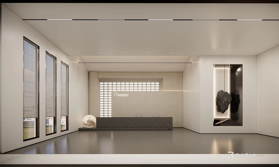 Modern Minimalist Store Front Desk Interior With Marble Counter And Large Windows 3d model 